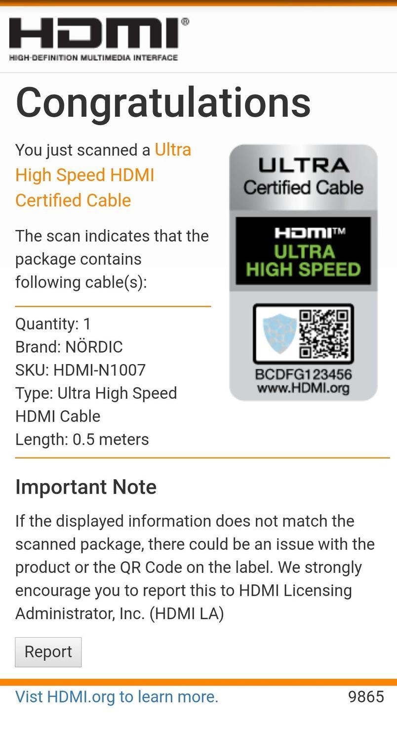 NÖRDIC CERTIFIED CABLES 50 cm Ultra High Speed HDMI, 8K 60 Hz, 4K 120 Hz, 48Gb/s, Dynamic HDR eARC VRR nailonpun. kaap., kullatut liitt. HDMI 2.1