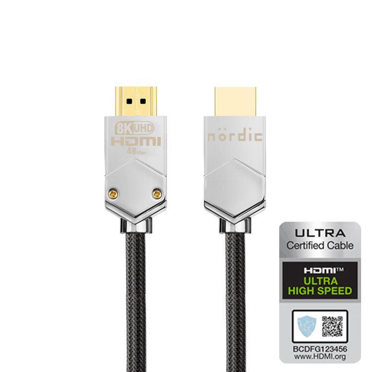 NÖRDIC CERTIFIED KAAPELIT 2m Ultra High Speed HDMI 2.1 8K 60Hz 4K 120Hz 48Gbps Dynamic HDR eARC VRR erittäin kestävä nailonpunottu kaapeli kullattu