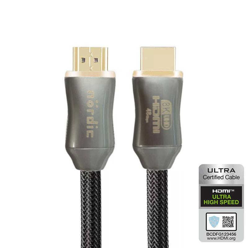 NÖRDIC CERTIFIED KAAPELIT 2m Ultra High Speed HDMI 2.1 8K 60Hz 4K 120Hz 48Gbps Dynamic HDR eARC VRR nailonpunottu kaapeli kullattu erittäin kestävä