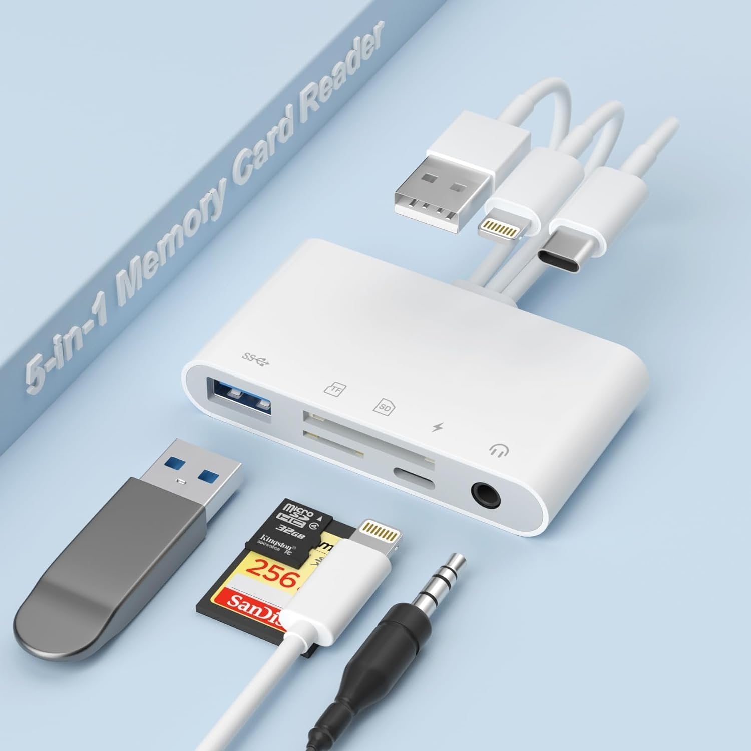 NÖRDIC-kortinlukija Lightning + USB-C + USB-A SD, TF/microSD, USB-A, AUX ja virtalähde