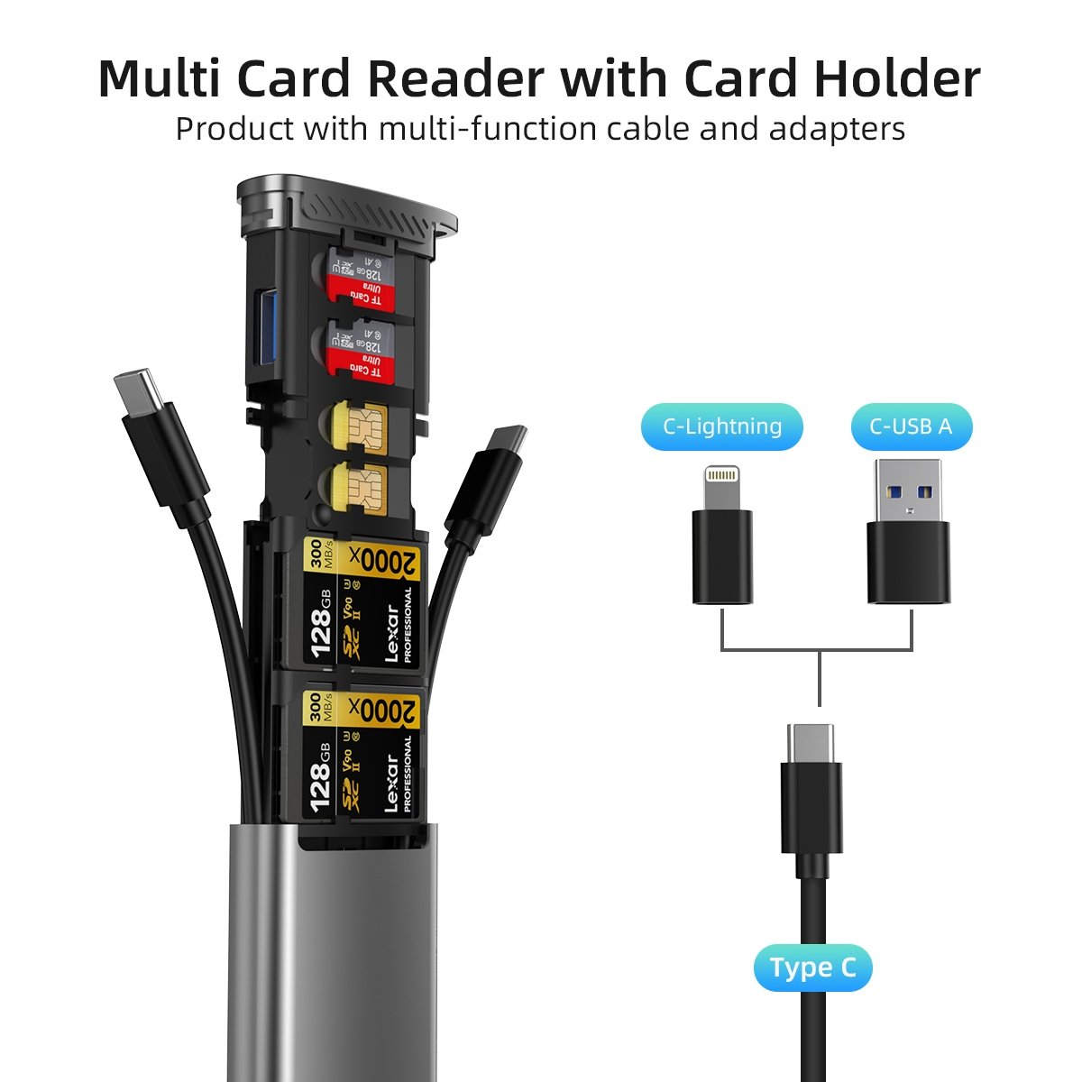 NÖRDIC USB-A 3.1, USB-C 3.1, Lightning-kortinlukija ja tallennuskaappi 2-paikkainen SD, MicroSD, 1xUSB-A UHS-I