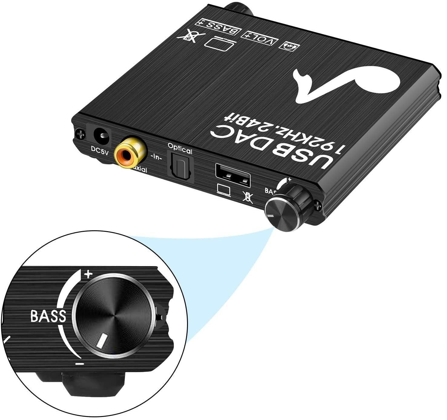 NÖRDIC DAC-muunnin digit. analog., USB, jossa basson ja äänenvoimakkuuden säätö, digitaalinen SPDIF koaksiaali- ja USB–analoginen L/R ja 3,5 mm stereo