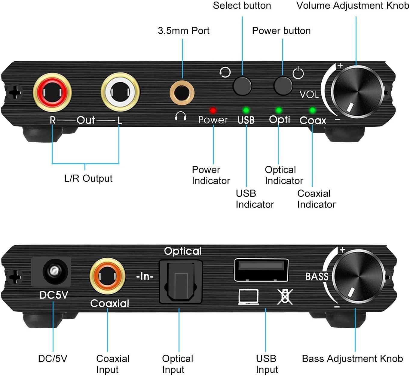 NÖRDIC DAC-muunnin digit. analog., USB, jossa basson ja äänenvoimakkuuden säätö, digitaalinen SPDIF koaksiaali- ja USB–analoginen L/R ja 3,5 mm stereo