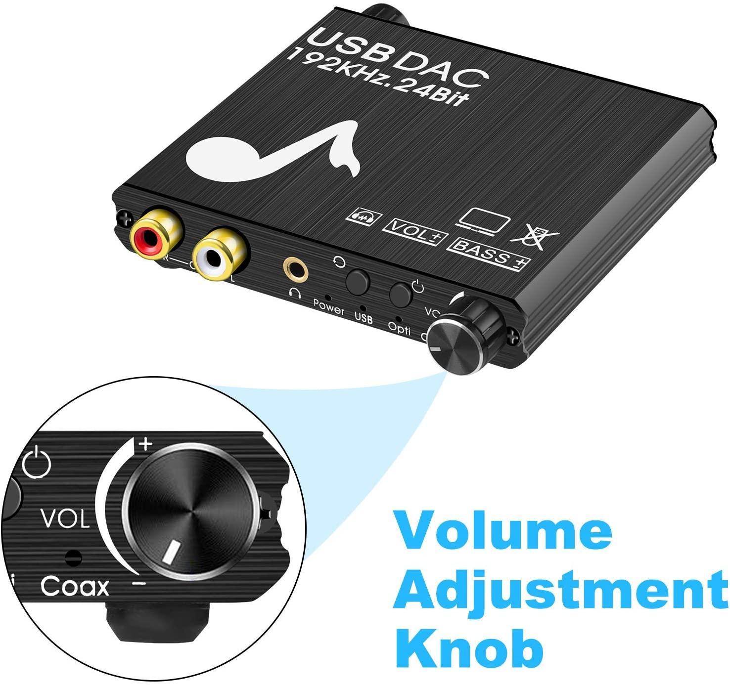 NÖRDIC DAC-muunnin digit. analog., USB, jossa basson ja äänenvoimakkuuden säätö, digitaalinen SPDIF koaksiaali- ja USB–analoginen L/R ja 3,5 mm stereo