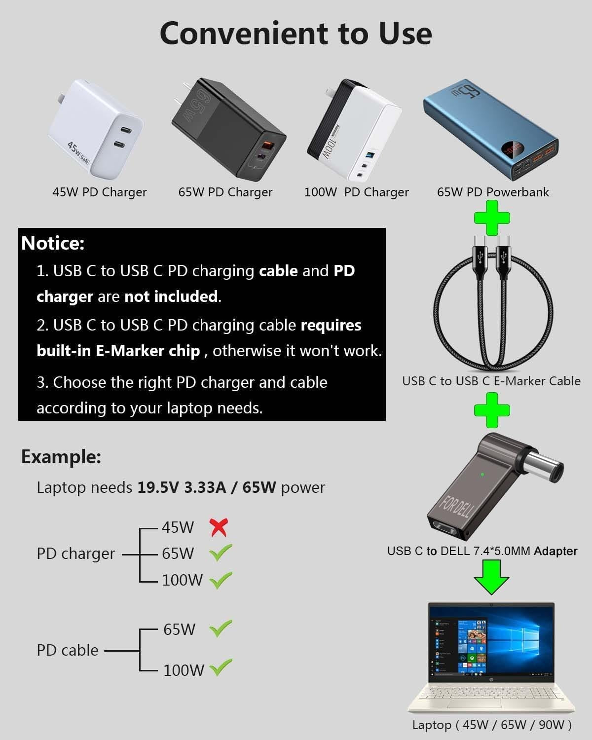 NÖRDIC USB-C–kannettavan lataussovitin, USB-C–DC-liitin, 100W PD, DC 7,4×5,0mm DELL-kannettaville