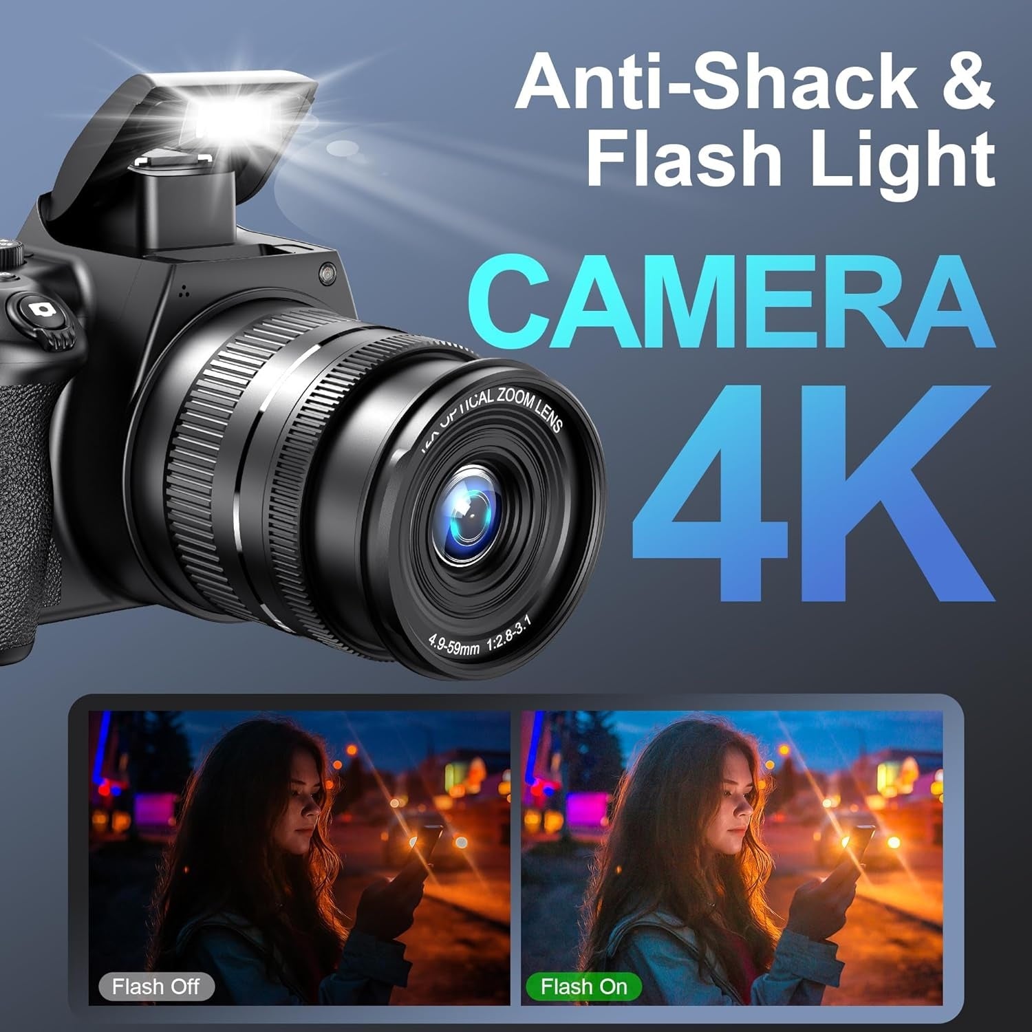 NÖRDIC Digitaalikamera 4K 64 MP WiFi-yhteydellä, 10× optinen zoom, vloggauskamera YouTubeen, automaattitarkennus, kompakti kamera