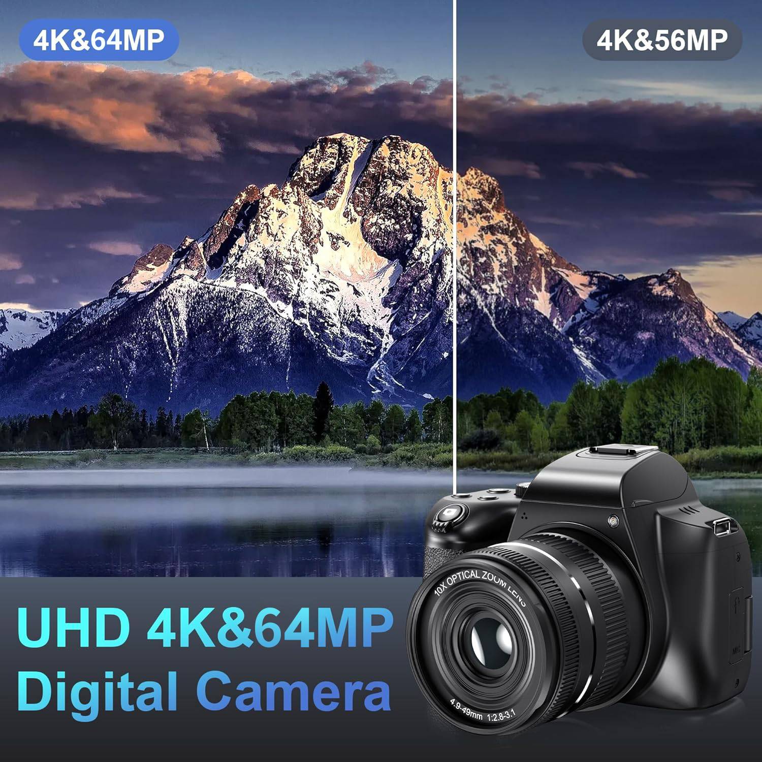 NÖRDIC Digitaalikamera 4K 64 MP WiFi-yhteydellä, 10× optinen zoom, vloggauskamera YouTubeen, automaattitarkennus, kompakti kamera