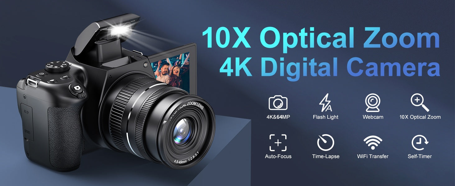 NÖRDIC Digitaalikamera 4K 64 MP WiFi-yhteydellä, 10× optinen zoom, vloggauskamera YouTubeen, automaattitarkennus, kompakti kamera