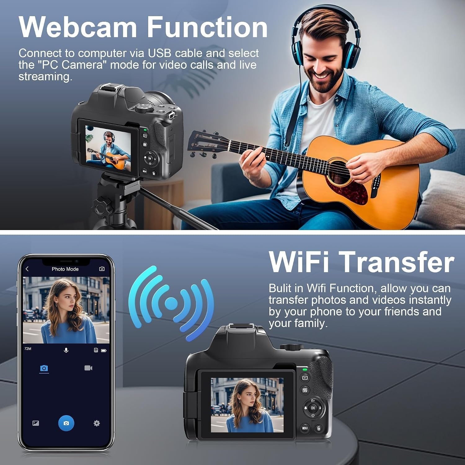 NÖRDIC Digitaalikamera 4K 64 MP WiFi-yhteydellä, 10× optinen zoom, vloggauskamera YouTubeen, automaattitarkennus, kompakti kamera
