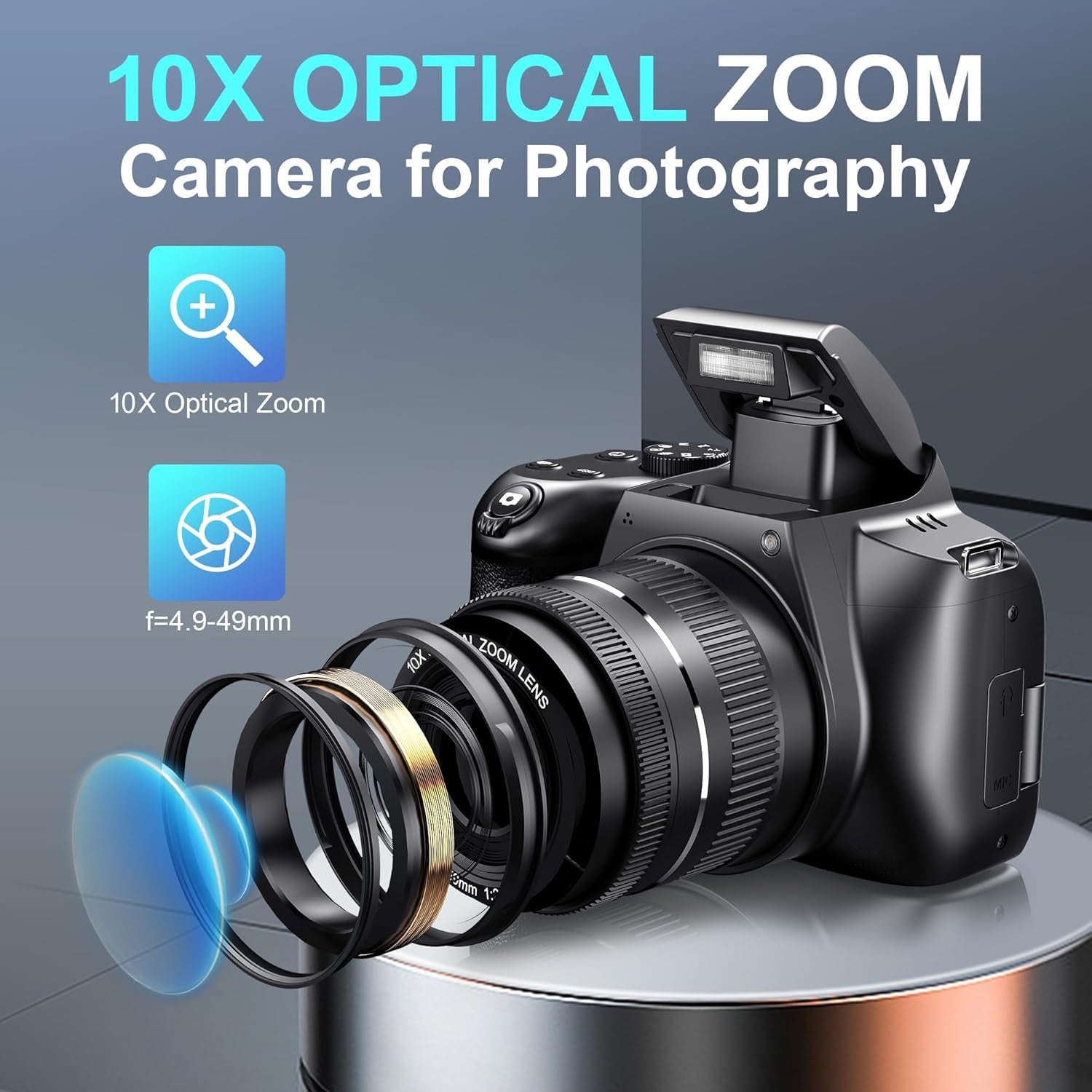 NÖRDIC Digitaalikamera 4K 64 MP WiFi-yhteydellä, 10× optinen zoom, vloggauskamera YouTubeen, automaattitarkennus, kompakti kamera