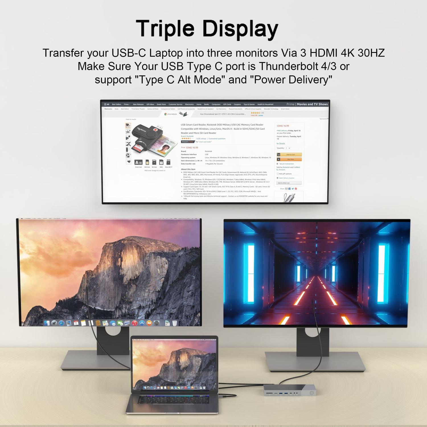 NÖRDIC DisplayLink USB-A- ja USB-C-telakointiasemat 1–15 kolmelle näytölle 3xHDMI 4K30Hz Mac M1 M2 Thunderbolt 3 & 4:lle