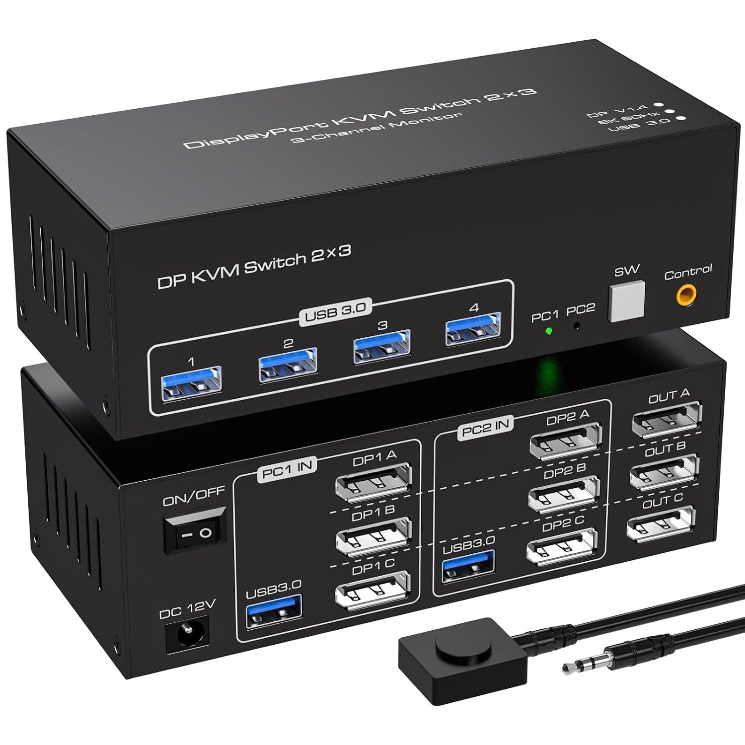 NÖRDIC DisplayPort 1.4 KVM-kytkin 2 tietokonetta 3 näyttöä 8K60Hz 4K144Hz kolmonäyttö 4 USB 3.0 2 PC:lle, jakaa 3 näyttöä