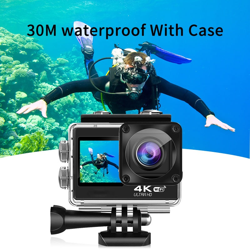 NÖRDIC kaksinäyttöinen actionkamera 4K@30Hz, WiFi, 30m vedenpitävä, 20 MP, 2,0"/1,3" näytöt
