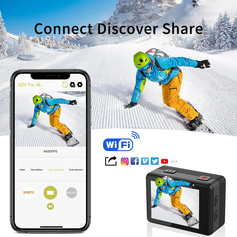 NÖRDIC kaksinäyttöinen actionkamera 4K@30Hz, WiFi, 30m vedenpitävä, 20 MP, 2,0"/1,3" näytöt
