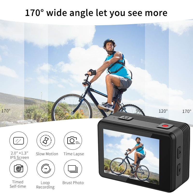 NÖRDIC kaksinäyttöinen actionkamera 4K@30Hz, WiFi, 30m vedenpitävä, 20 MP, 2,0"/1,3" näytöt