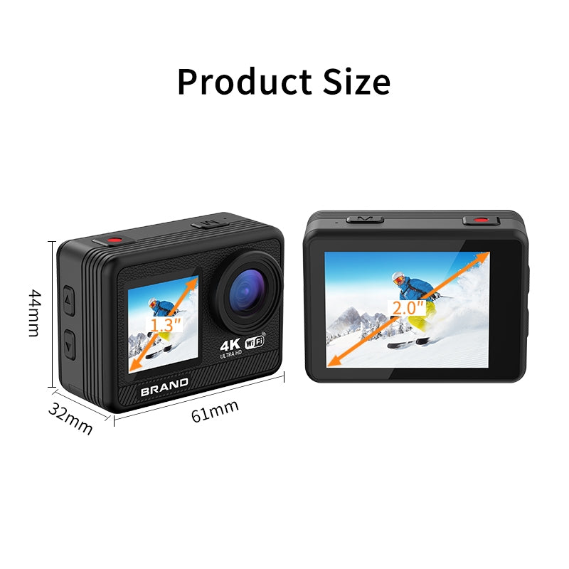 NÖRDIC kaksinäyttöinen actionkamera 4K@30Hz, WiFi, 30m vedenpitävä, 20 MP, 2,0"/1,3" näytöt
