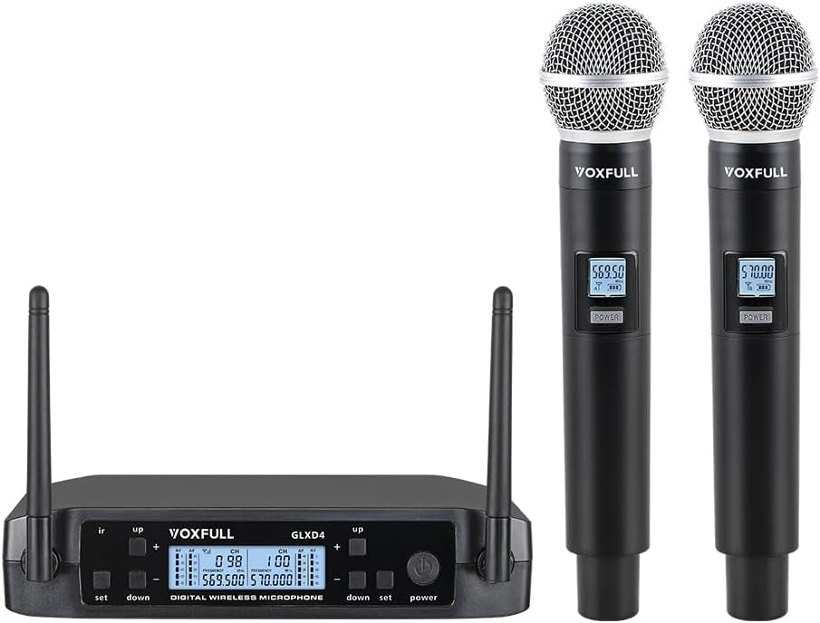 NÖRDIC Kaksinkertainen langaton mikrofonijärjestelmä, 2 dynaamista mikrofonia, säädettävät UHF-kanavat, 50 m kantama, langattomat mikrofonit karaokea varten