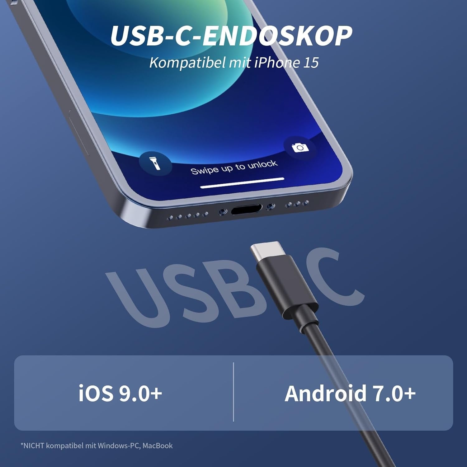 NÖRDIC Endoskooppikamera matkapuhelimelle valolla, 1080P HD, 8 LED-valoa, vedenpitävä IP67, ei vaadi WiFi-yhteyttä, Android ja iOS