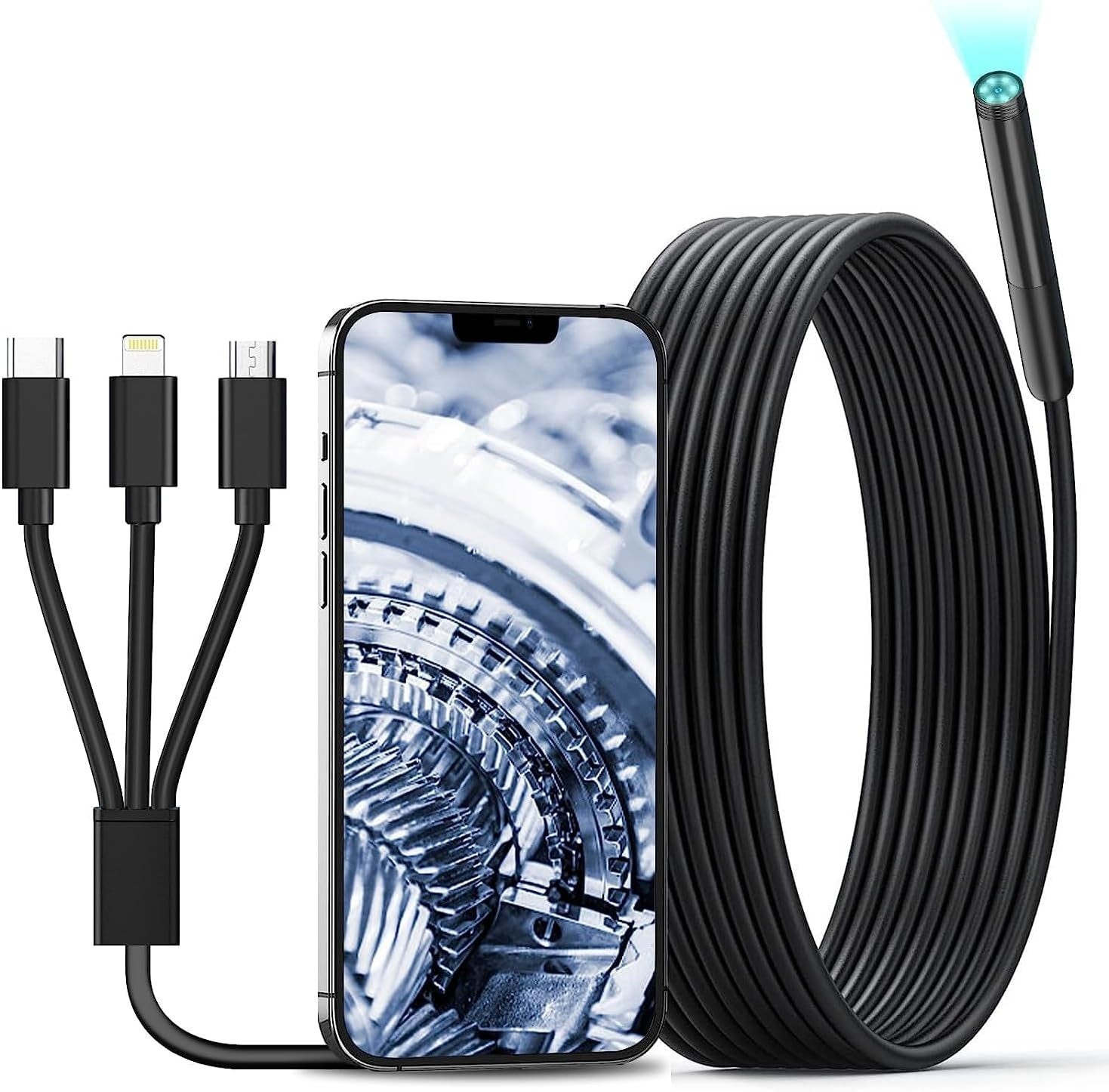NÖRDIC Endoskooppikamera matkapuhelimeen valolla, 1080P HD, 8 LED-valoa, vedenpitävä IP67, ei WiFi-yhteyttä vaadita, Android ja iOS