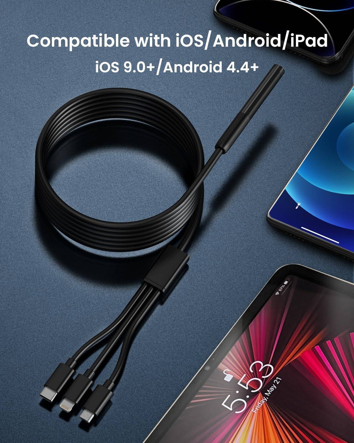 NÖRDIC Endoskooppikamera matkapuhelimeen valolla, 1080P HD, 8 LED-valoa, vedenpitävä IP67, ei WiFi-yhteyttä vaadita, Android ja iOS