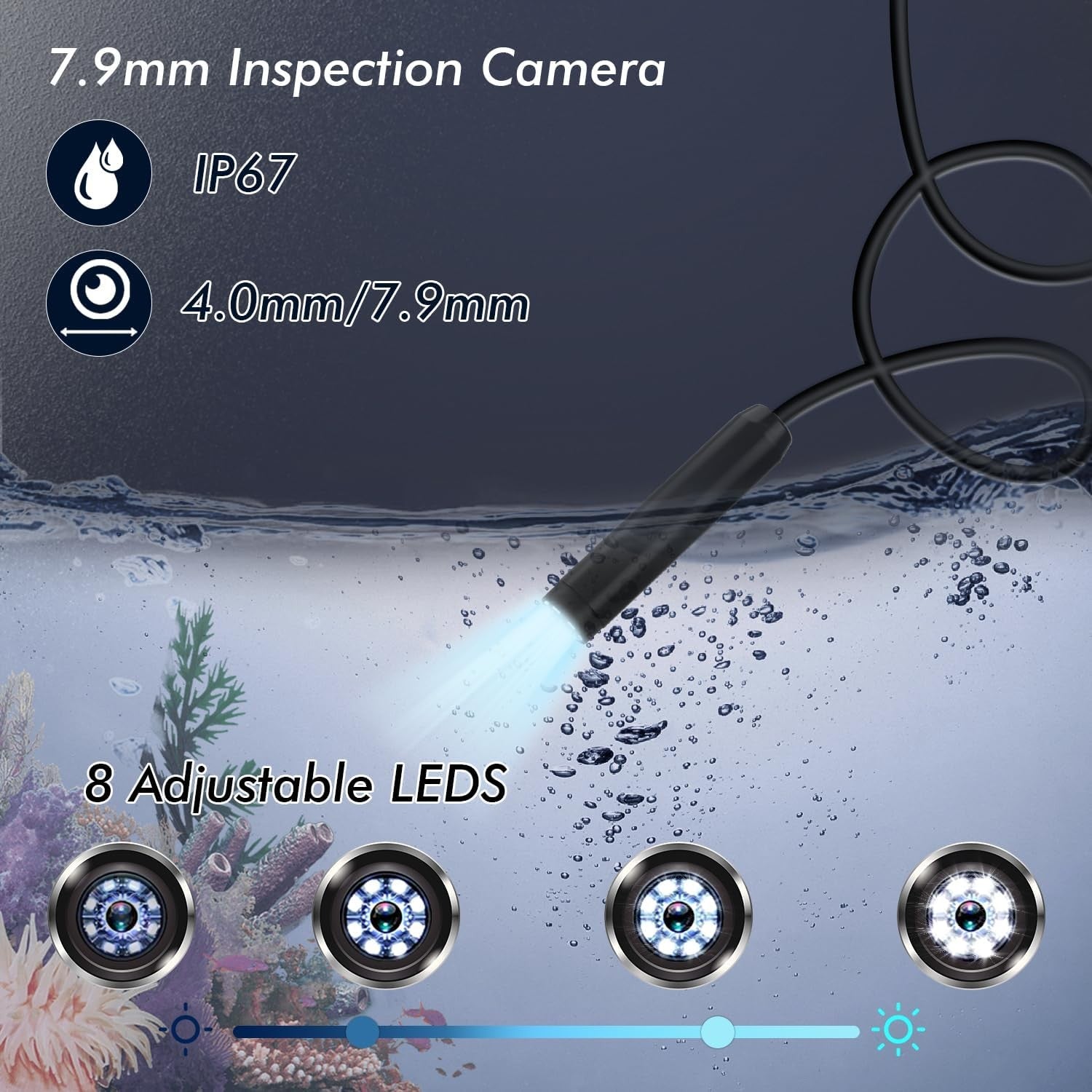 NÖRDIC Endoskopkamera för mobiltelefon med ljus, 10m 1080P HD, 8 LED-lampor, vattentät IP67, inget WiFi krävs, Android och iOS