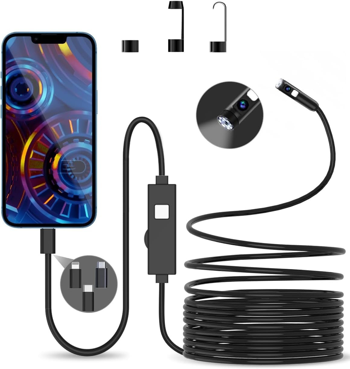 NÖRDIC Endoskooppikamera kaksoislinssillä matkapuhelimeen valolla, 1080P HD, 8 LED-valoa, vedenpitävä IP67, ei WiFi-yhteyttä vaadita, Android ja iOS