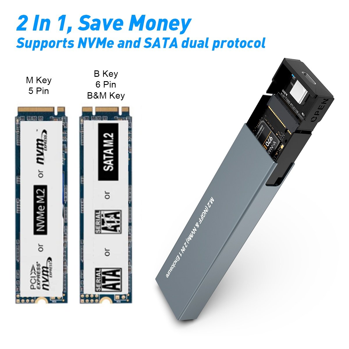 NÖRDIC Ulkoinen tallennuskaappi M.2 NVMe ja SATA SSD USB-A ja USB-C M-Key B-Key ja B+M Key UASP 2280 2260 2242 2230