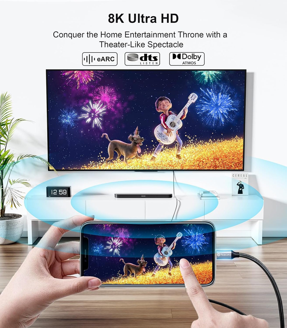 NÖRDIC Fiber AOC 10m USB-C – HDMI 2.1 -kaapeli, 8K@60Hz, 4K@120Hz, 48Gbps, HDR, yhteensopiva Thunderbolt 3- ja 4-laitteiden kanssa