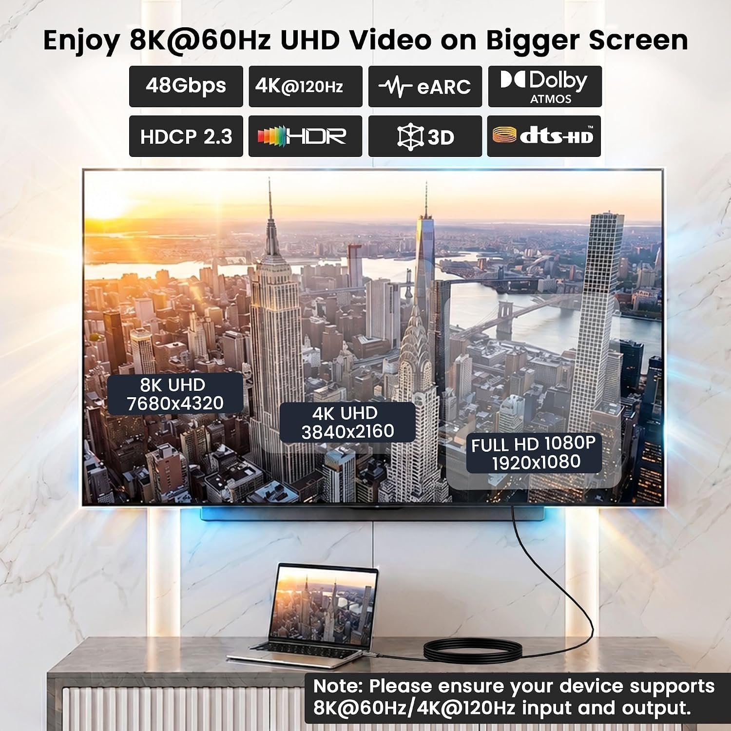 NÖRDIC Fiber AOC 10m USB-C – HDMI 2.1 -kaapeli, 8K@60Hz, 4K@120Hz, 48Gbps, HDR, yhteensopiva Thunderbolt 3- ja 4-laitteiden kanssa