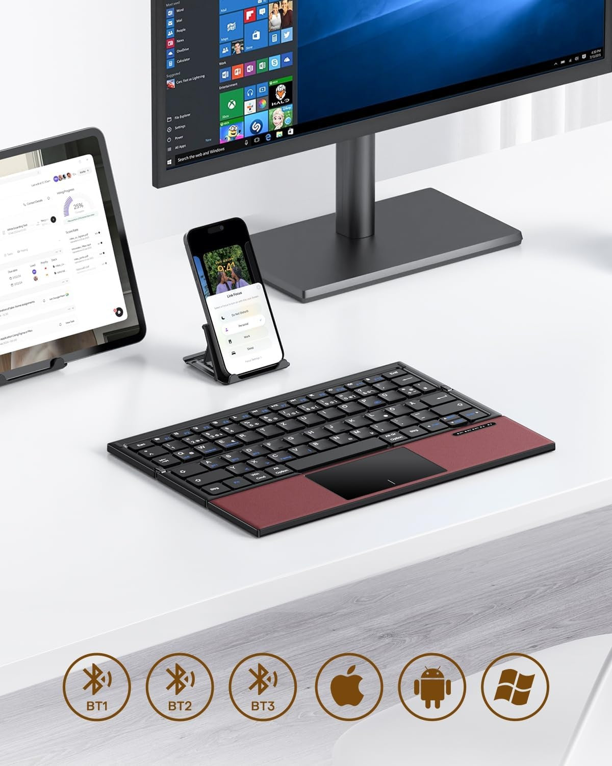 NÖRDIC taitettava Bluetooth-näppäimistö kosketuslevyllä iOS-, Android-, Windows-, kannettavaan tietokoneeseen, PC:hen, tablettiin ja älypuhelimeen, US-asettelu