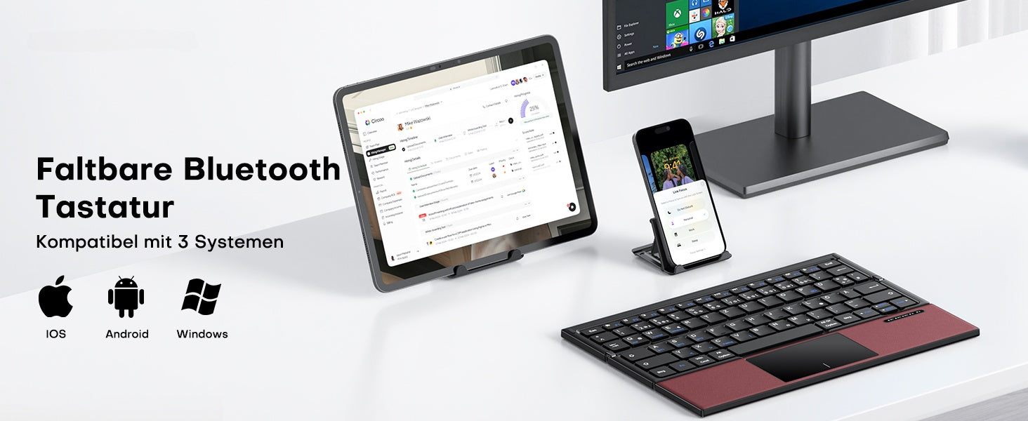 NÖRDIC taitettava Bluetooth-näppäimistö kosketuslevyllä iOS-, Android-, Windows-, kannettavaan tietokoneeseen, PC:hen, tablettiin ja älypuhelimeen, US-asettelu