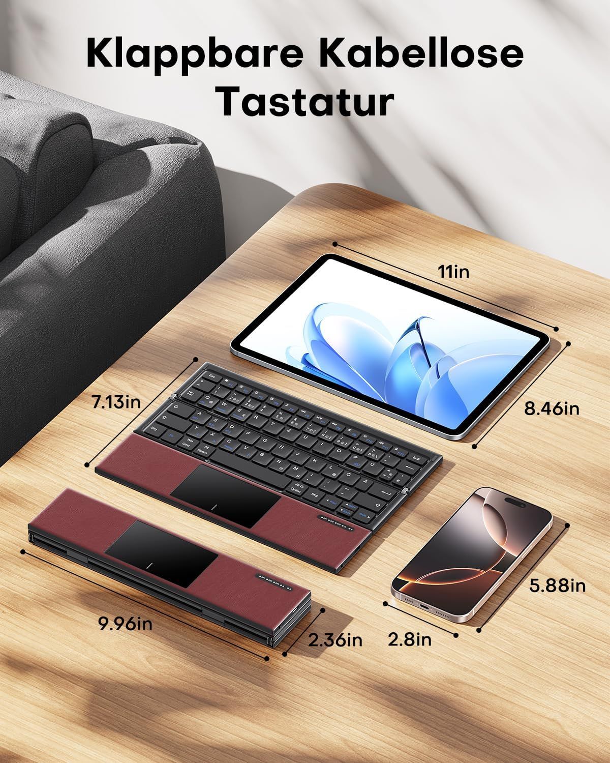 NÖRDIC taitettava Bluetooth-näppäimistö kosketuslevyllä iOS-, Android-, Windows-, kannettavaan tietokoneeseen, PC:hen, tablettiin ja älypuhelimeen, US-asettelu
