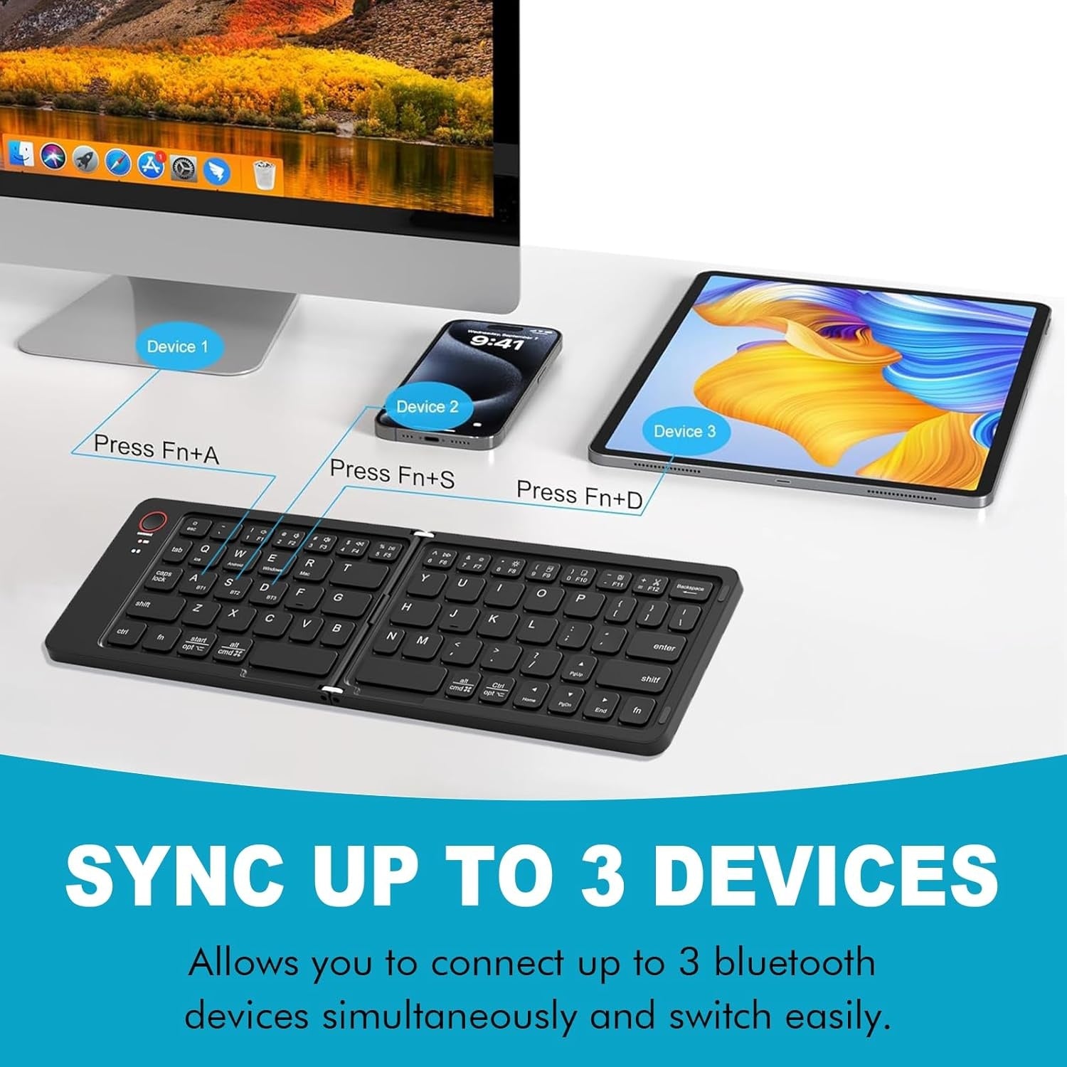 NÖRDIC Taitettava Slim Bluetooth-näppäimistö taskukoossa, yhteensopiva iOS-, Android- ja Windows-laitteiden kanssa, älypuhelimelle, tabletille, iPadille, iPhonelle ja kannettavalle tietokoneelle, US-asettelu