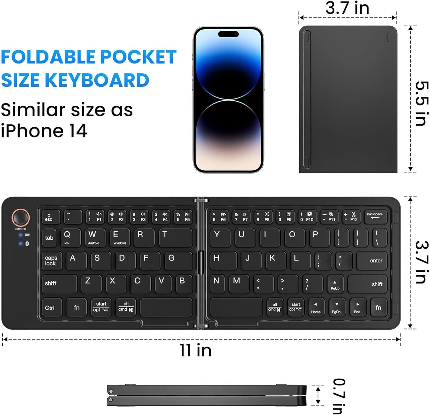 NÖRDIC Taitettava Slim Bluetooth-näppäimistö taskukoossa, yhteensopiva iOS-, Android- ja Windows-laitteiden kanssa, älypuhelimelle, tabletille, iPadille, iPhonelle ja kannettavalle tietokoneelle, US-asettelu