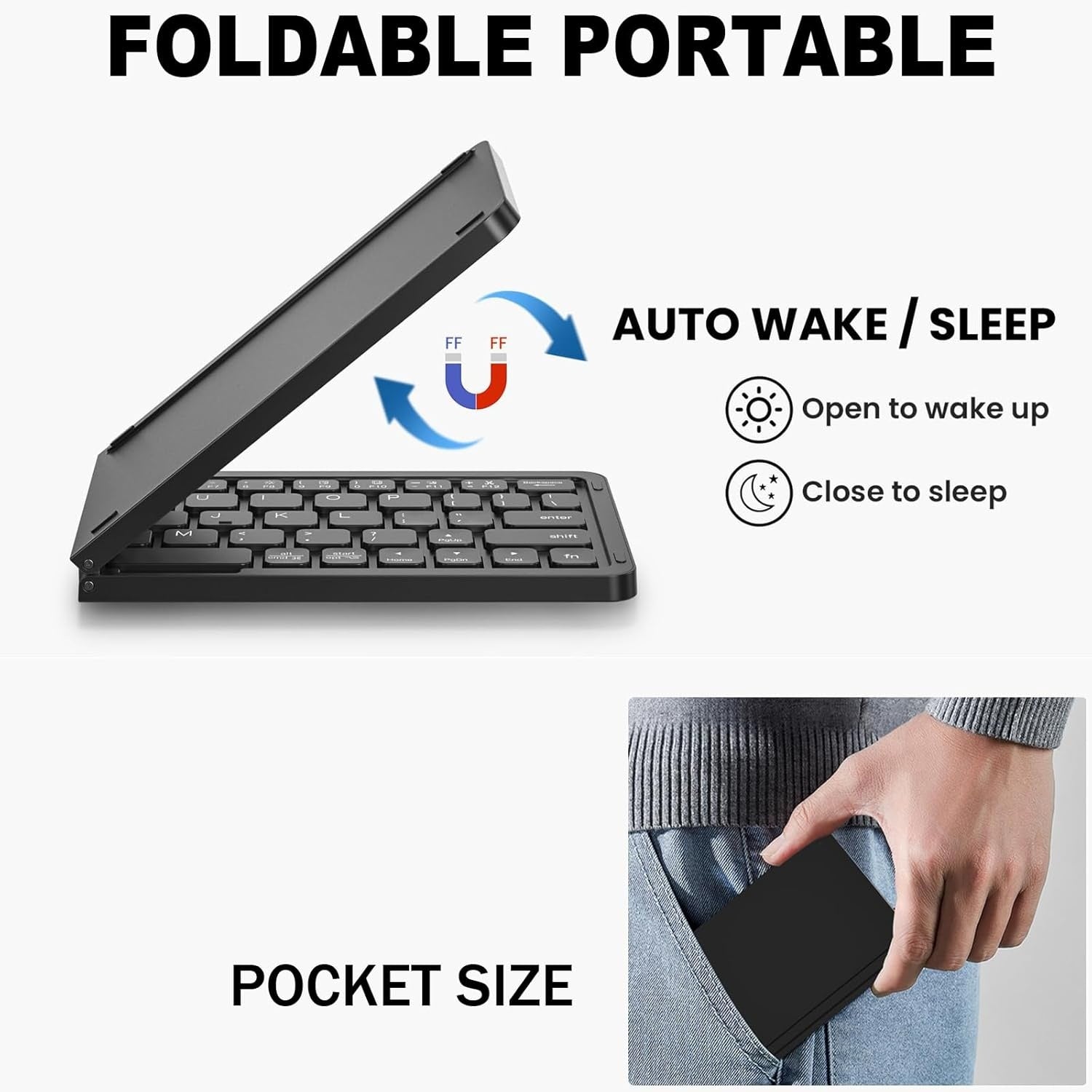NÖRDIC Taitettava Slim Bluetooth-näppäimistö taskukoossa, yhteensopiva iOS-, Android- ja Windows-laitteiden kanssa, älypuhelimelle, tabletille, iPadille, iPhonelle ja kannettavalle tietokoneelle, US-asettelu