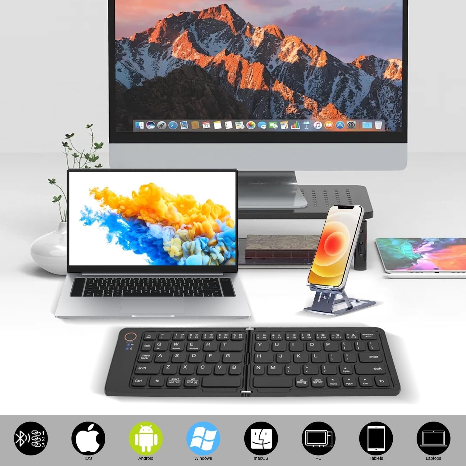 NÖRDIC Taitettava Slim Bluetooth-näppäimistö taskukoossa, yhteensopiva iOS-, Android- ja Windows-laitteiden kanssa, älypuhelimelle, tabletille, iPadille, iPhonelle ja kannettavalle tietokoneelle, US-asettelu