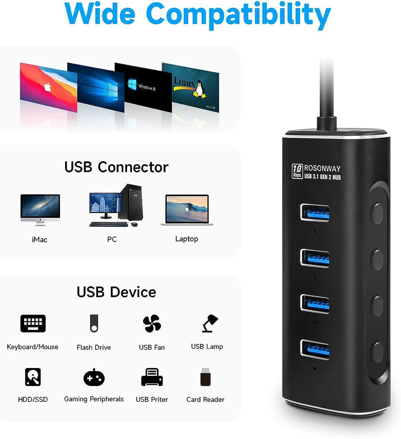 NÖRDIC Gen2 3.2 USB-A 4 porttia Powered Hub 10Gbps 1m kaapeli yksittäinen kytkin