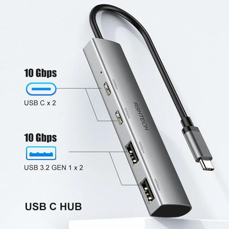 NÖRDIC Gen2 3.2 USB-C 4-porttinen keskitin 10Gbps 20cm kaapeli 2xUSB-A 2xUSB-C