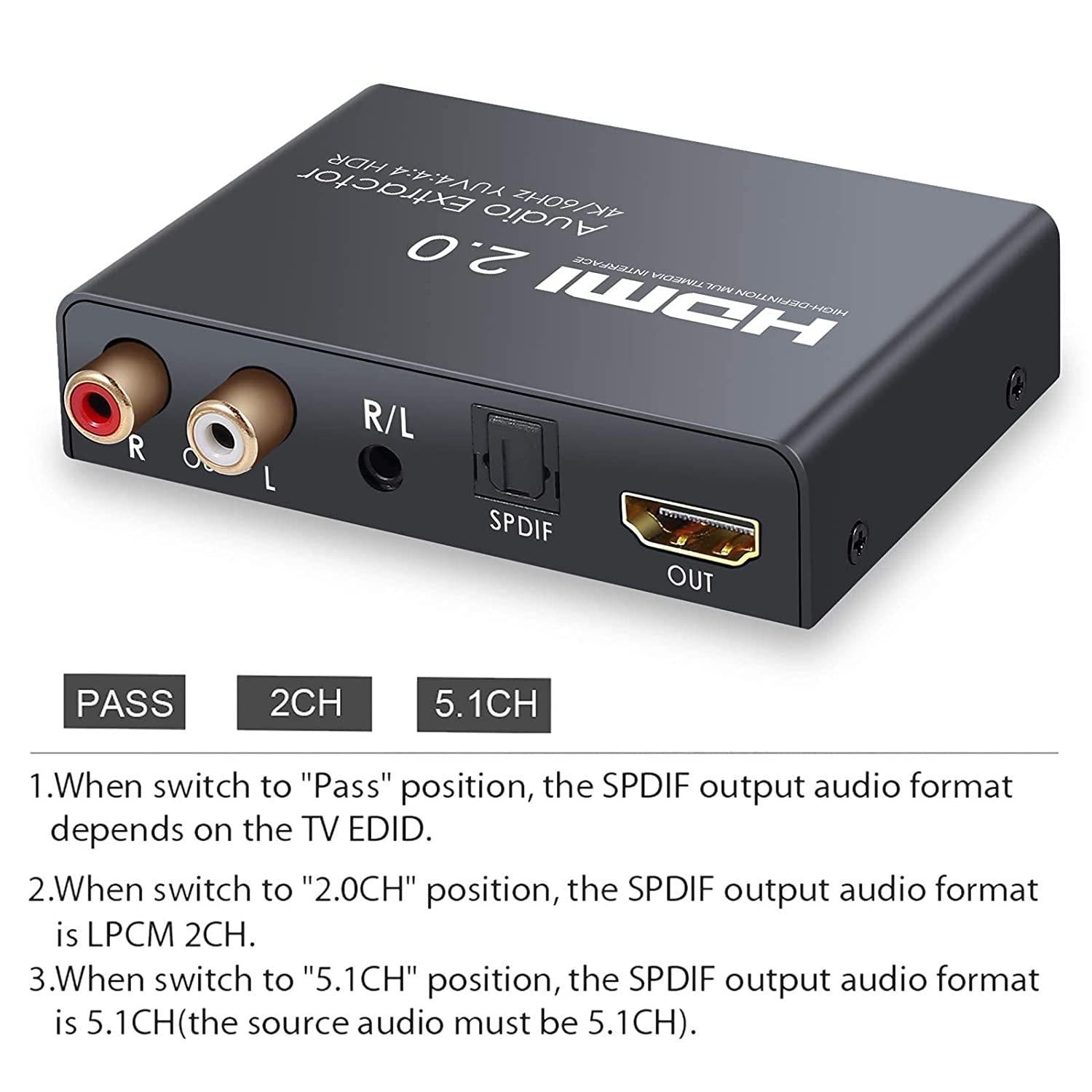 NÖRDIC HDMI 2.0 ARC 4K 60 Hz HDR erotin, YUV 4:4:4 HDMI-tulo HDMI-, SPDIF-, R/L- ja AUX-lähtö, ARC-muunnin