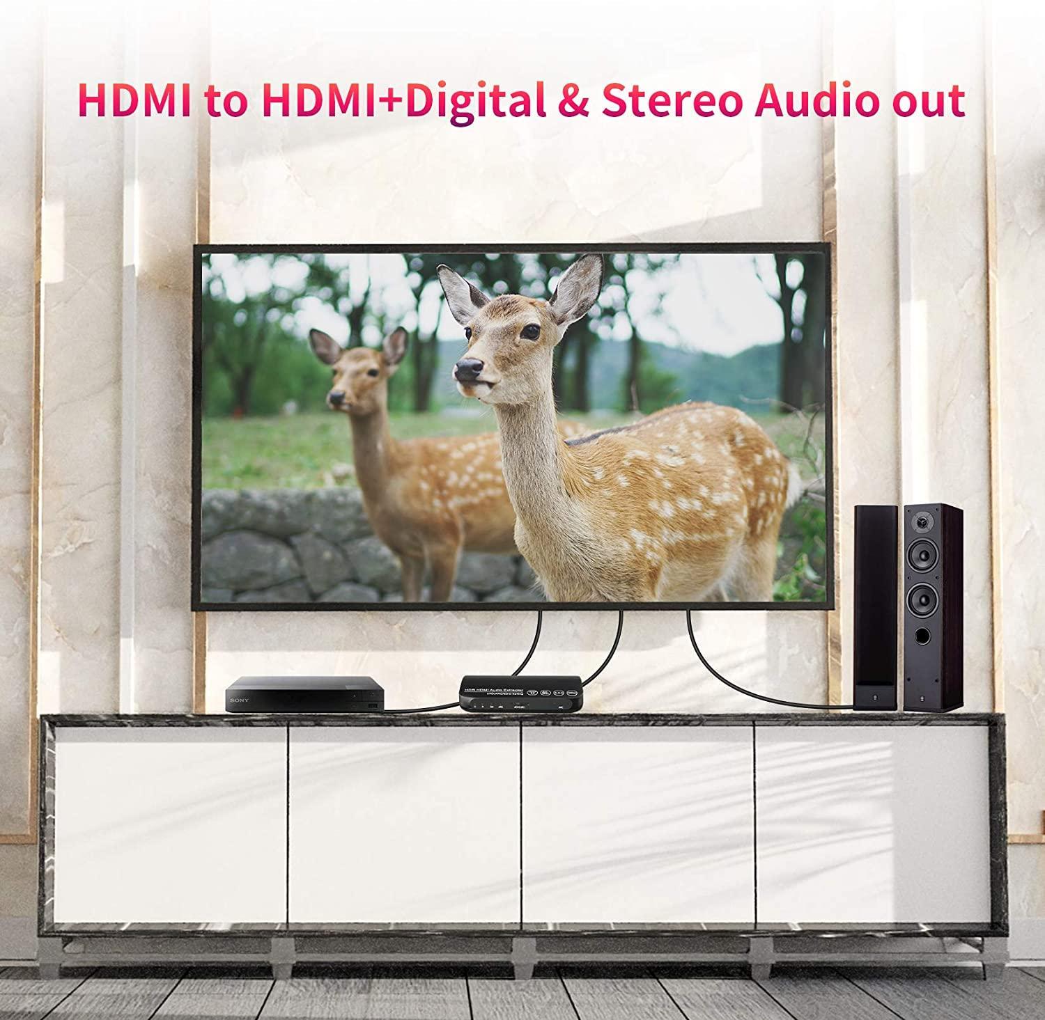 NÖRDIC HDMI 2.0 ARC 4K 60 Hz HDR erotin, YUV 4:4:4 HDMI-tulo HDMI-, SPDIF-, R/L- ja AUX-lähtö, ARC-muunnin