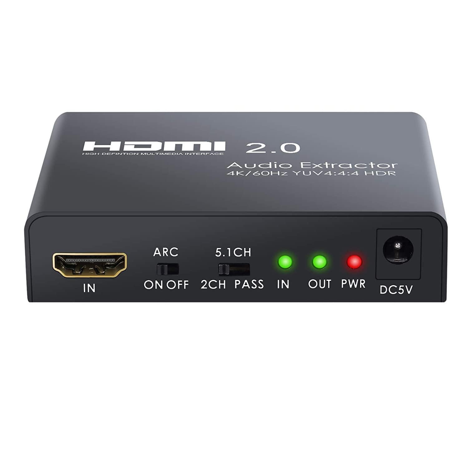 NÖRDIC HDMI 2.0 ARC 4K 60 Hz HDR erotin, YUV 4:4:4 HDMI-tulo HDMI-, SPDIF-, R/L- ja AUX-lähtö, ARC-muunnin