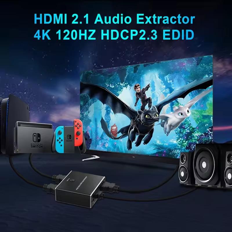 NÖRDIC HDMI 2.1 -kytkin ja -erotin 8K60Hz 4K120Hz ARC CEC EDID, S/PDIF ja AUX