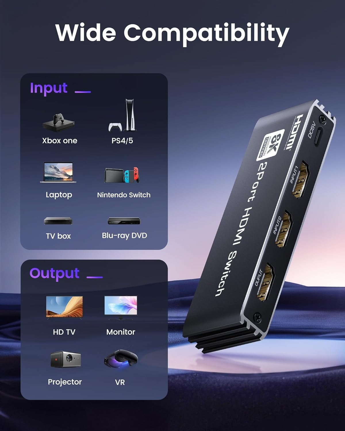 NÖRDIC HDMI 2-1 -kytkin 8K60Hz 4K@120Hz kaukosäätimellä, alumiini