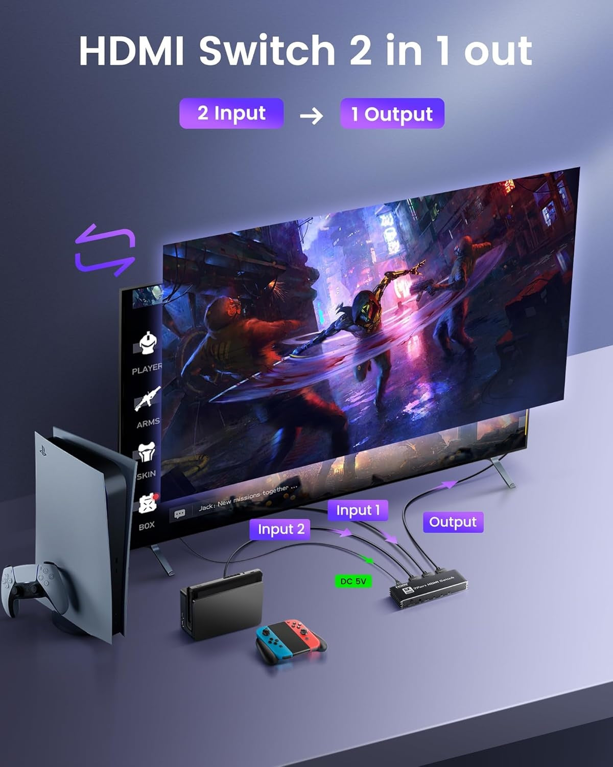 NÖRDIC HDMI 2-1 -kytkin 8K60Hz 4K@120Hz kaukosäätimellä, alumiini