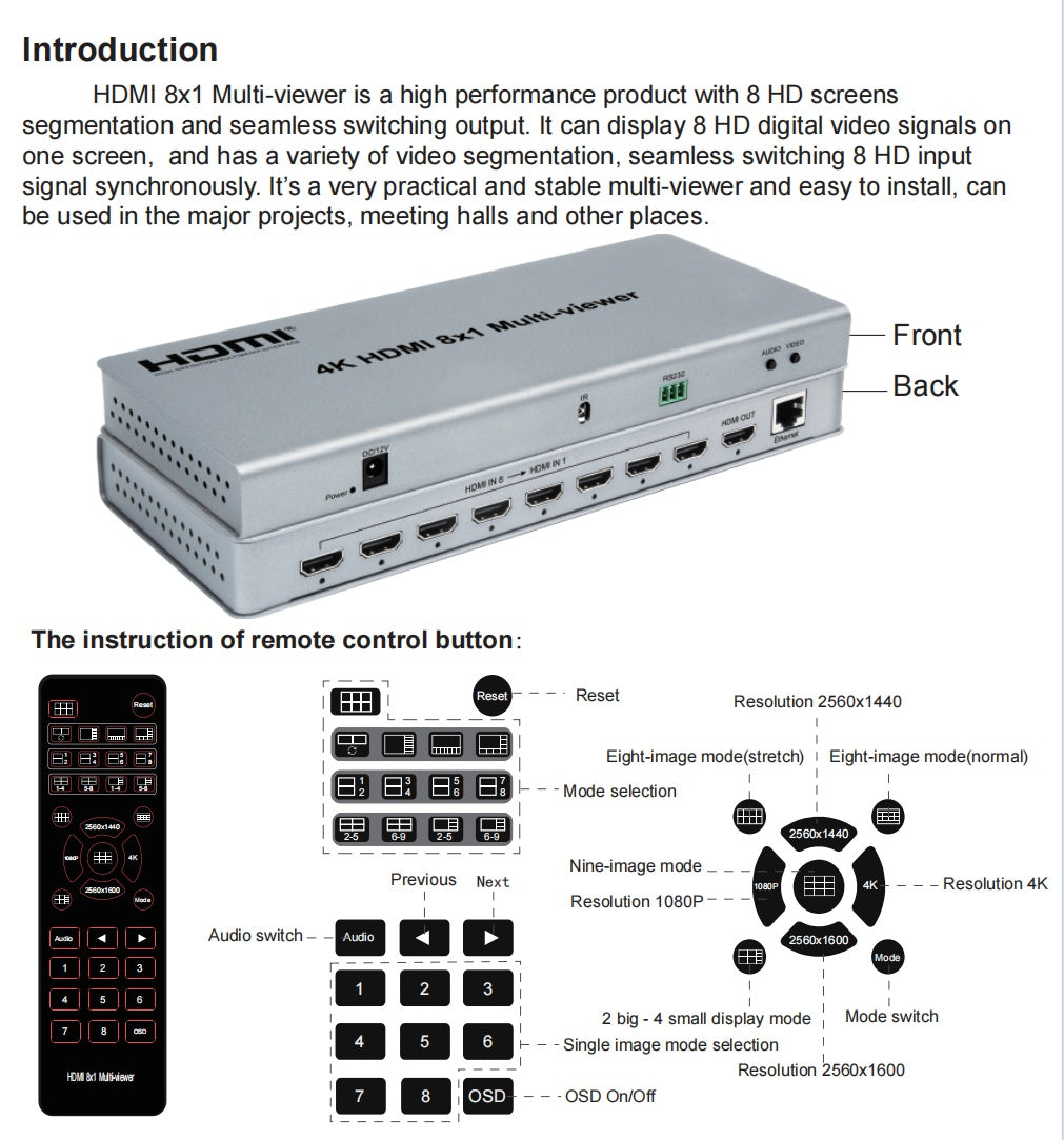 NÖRDIC HDMI 4K30hz 8X1 Multi Viewer Switch