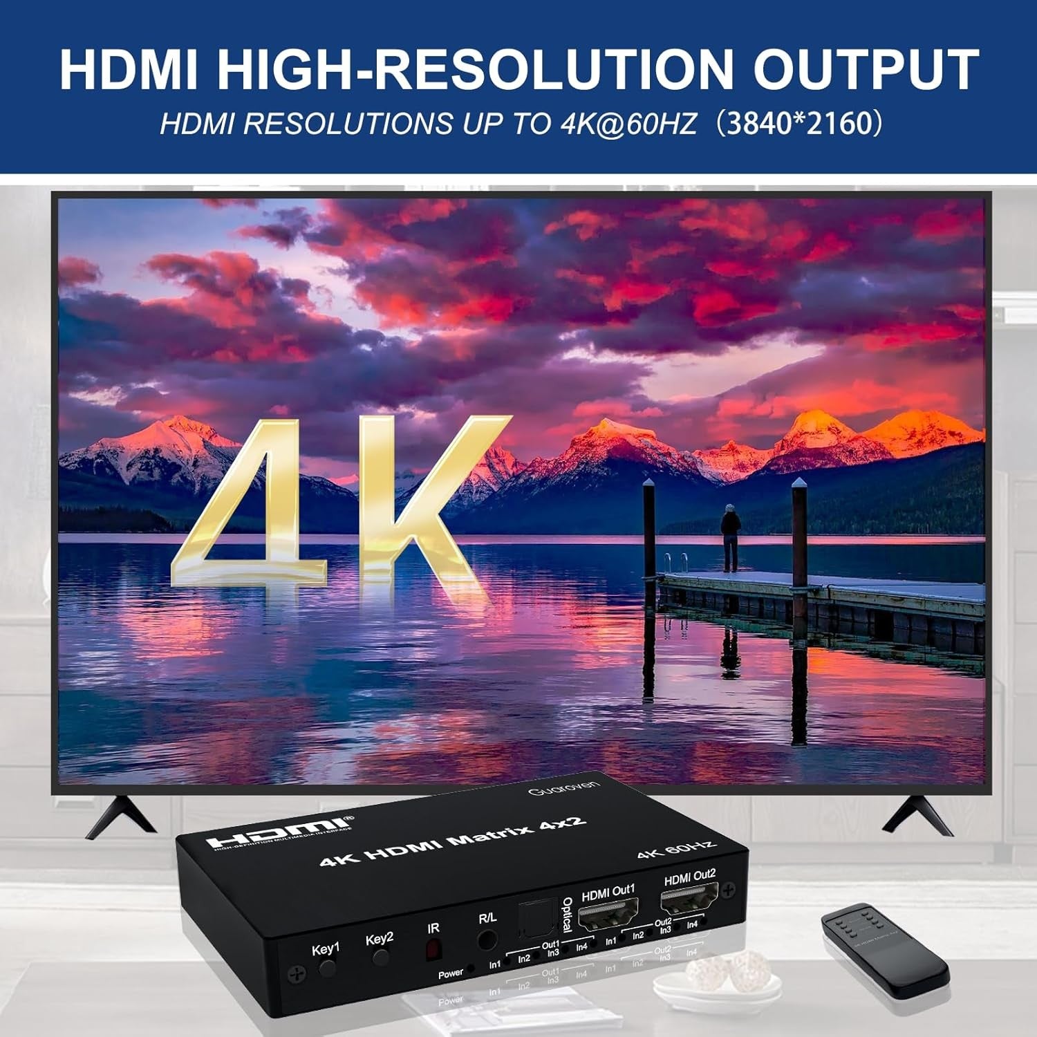 NÖRDIC HDMI 4K 60Hz Matrix switch 4x2 3D Video Toslink Stereo EDID