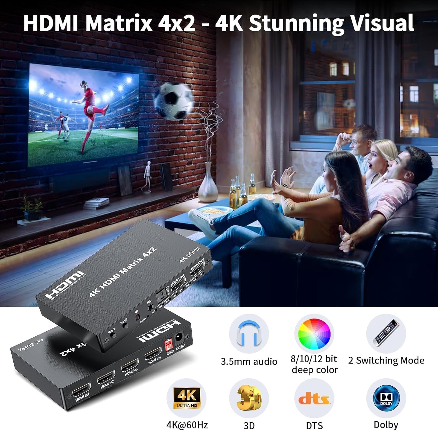 NÖRDIC HDMI 4K 60Hz Matrix switch 4x2 3D Video Toslink Stereo EDID