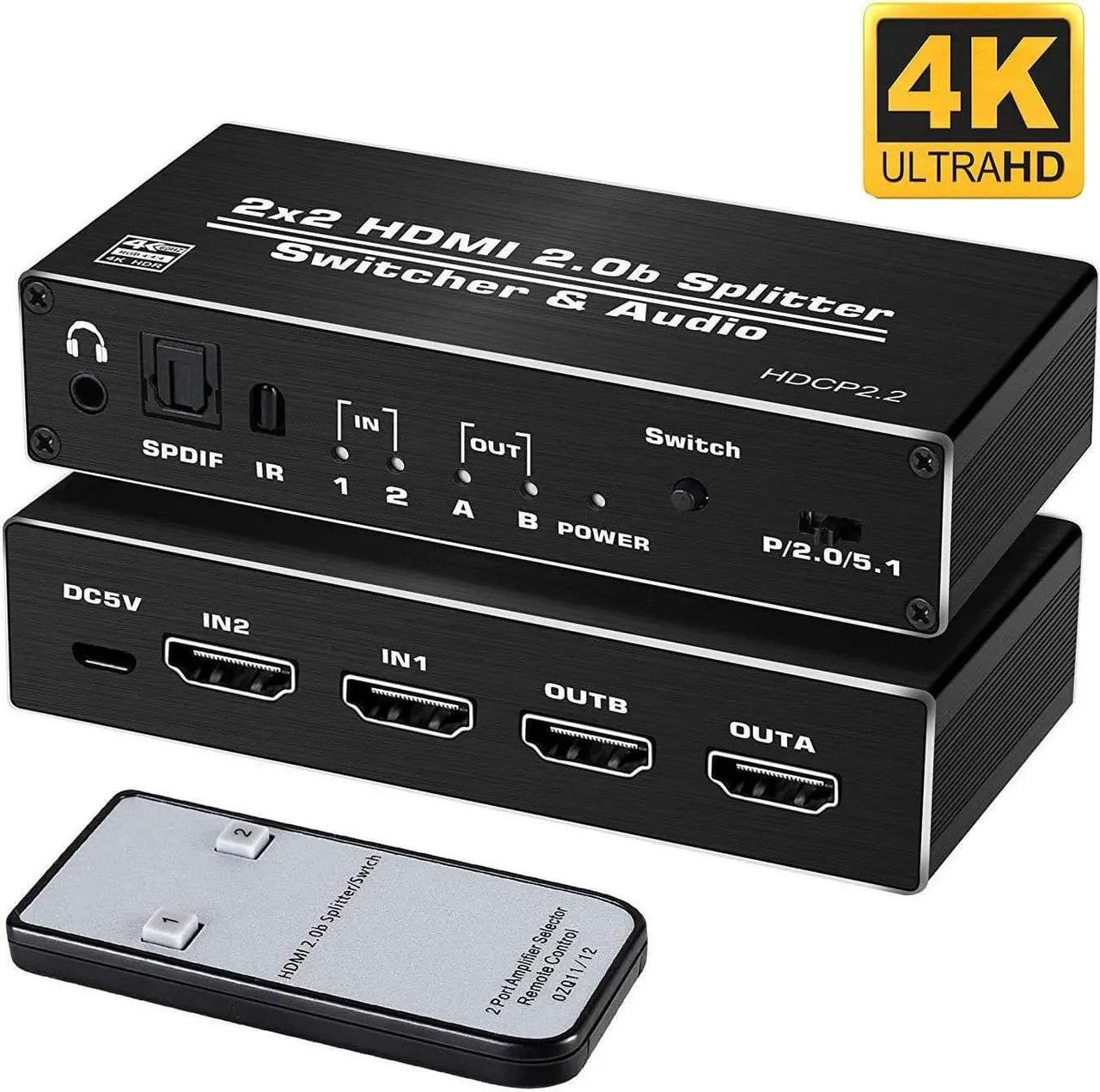 NÖRDIC HDMI 4K 60Hz Switch-Splitter 2x2 Audio SPDIF/Stereo kaukosäätimellä