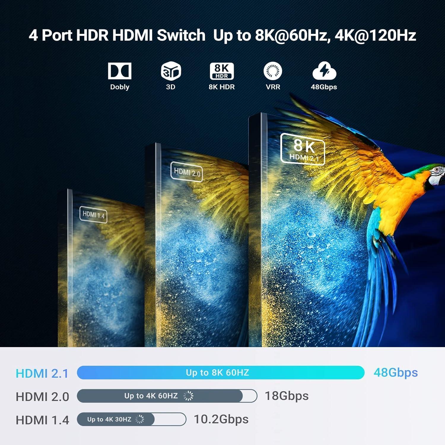 NÖRDIC 8K HDMI 2.1 eARC/ARC -kytkin ja Extractor 4-1 optinen SPDIF & Stereo CEC HDR Dolby Atmos, True HD, Digital Plus, DTS-HD Master