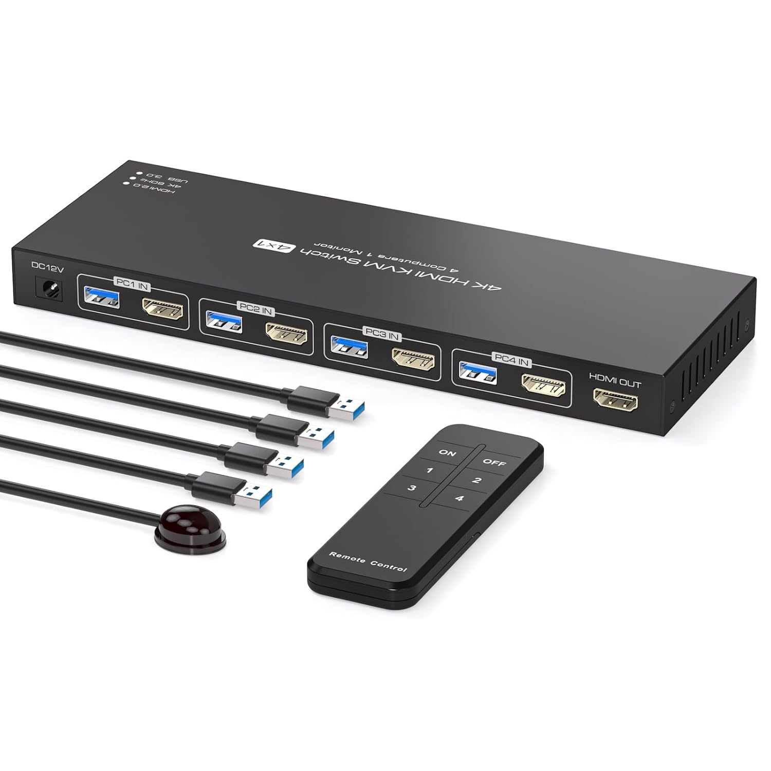 NÖRDIC HDMI 2.0 KVM-kytkin 4–1 EDID 4K60Hz, 4xUSB 3.0, 4 tietokonetta yhdelle näytölle + 4xUSB 3.0 -laitetta, kaukosäätimellä